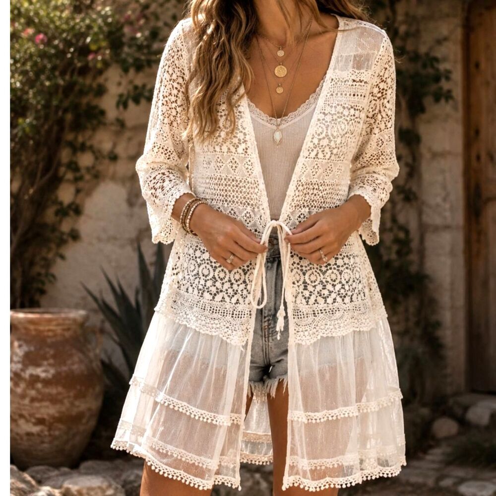 Molo Cream Sheer Crochet Tie-Front Cardigan - Size L